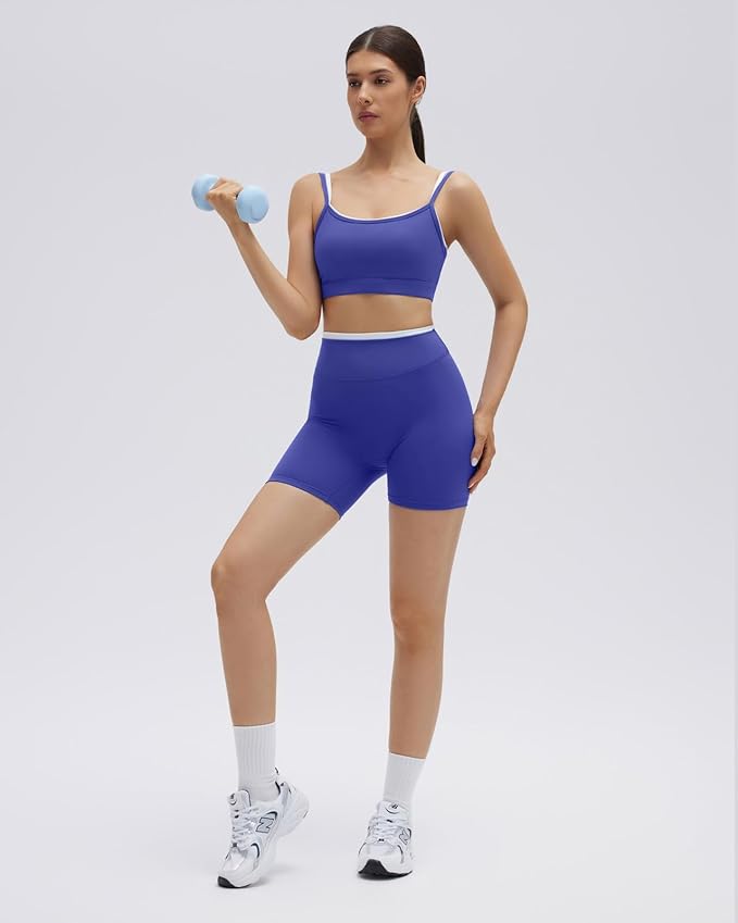 SUUKSESS Women 2 Pieces Workout Sets Padded Spaghetti Straps Camis High Waist Biker Shorts