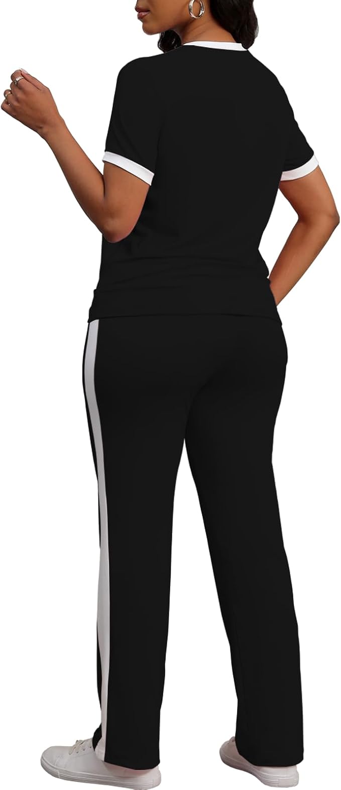 PINSV Women's 2 Piece Outfits Short Sleeve Tops Sweatpants Colorblock Bodycon Lounge Sets Tracksuit