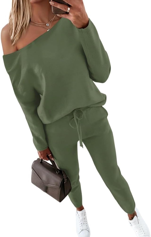 CHICME Women Tracksuit Fall 2 piece Outfits Off The Shoulder Long Sleeve Tops and Pants Set Travel Outfits