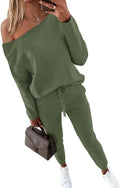 CHICME Women Tracksuit Fall 2 piece Outfits Off The Shoulder Long Sleeve Tops and Pants Set Travel Outfits