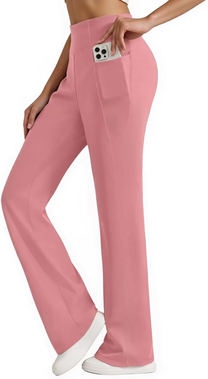 Womens High Waist Yoga Pants Stretchy Casual Trousers Straight Leg Pull On Side Pockets