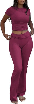 YETOWA Women's 2 Piece Lounge Outfits Slim Short Sleeve Tops Low Rise Flare Leggings Sets Yoga Sweatsuit