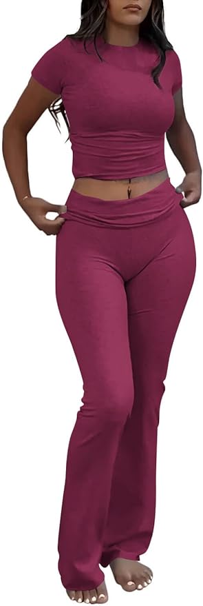YETOWA Women's 2 Piece Lounge Outfits Slim Short Sleeve Tops Low Rise Flare Leggings Sets Yoga Sweatsuit