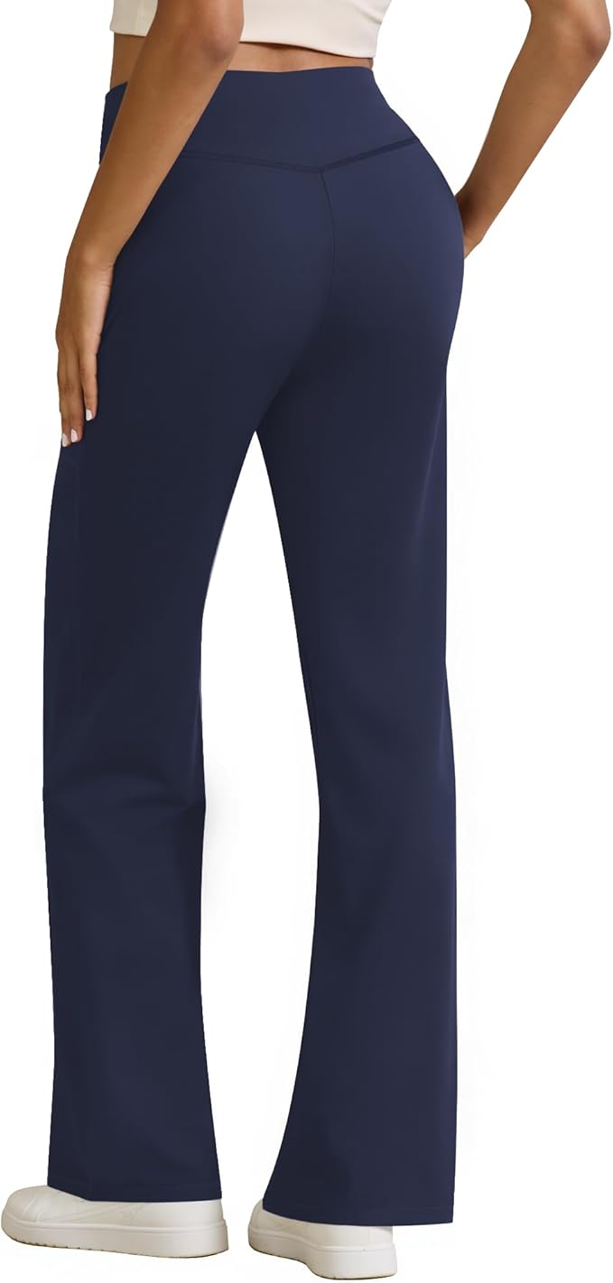 Womens High Waist Yoga Pants Stretchy Casual Trousers Straight Leg Pull On Side Pockets
