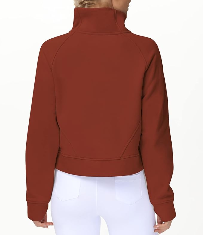 THE GYM PEOPLE Womens' Half Zip Pullover Fleece Stand Collar Crop Sweatshirt with Pockets Thumb Hole