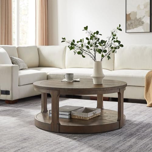 40" Round Wood Coffee Table, 2 Tier Modern Center Table with Roller Wheels,Solid Wood+MDF, Easy Assembly, Accent Table for Living Room, Apartment, Small Space.(Dark Brown)