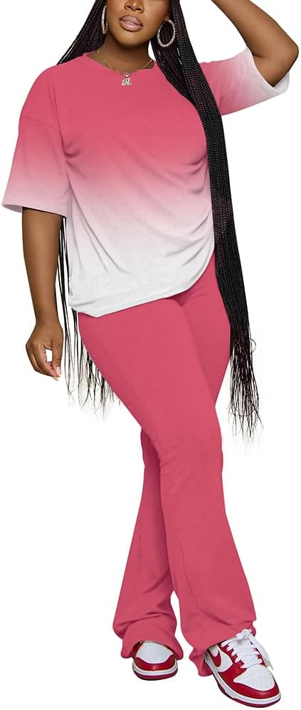 PINSV Women 2 Piece Outfits Short Sleeve Top and Flare Pants Lounge Sets Tracksuit