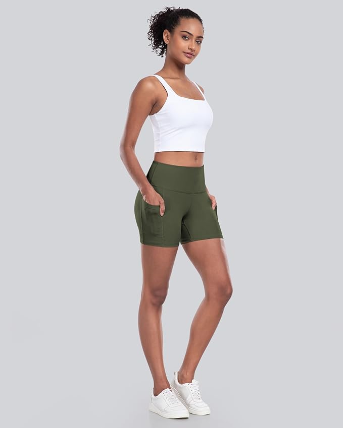 CHRLEISURE Womens Biker Yoga Shorts with Pocket, High Waisted Tummy Control 5 Inch Workout Spandex Athletic Gym Shorts