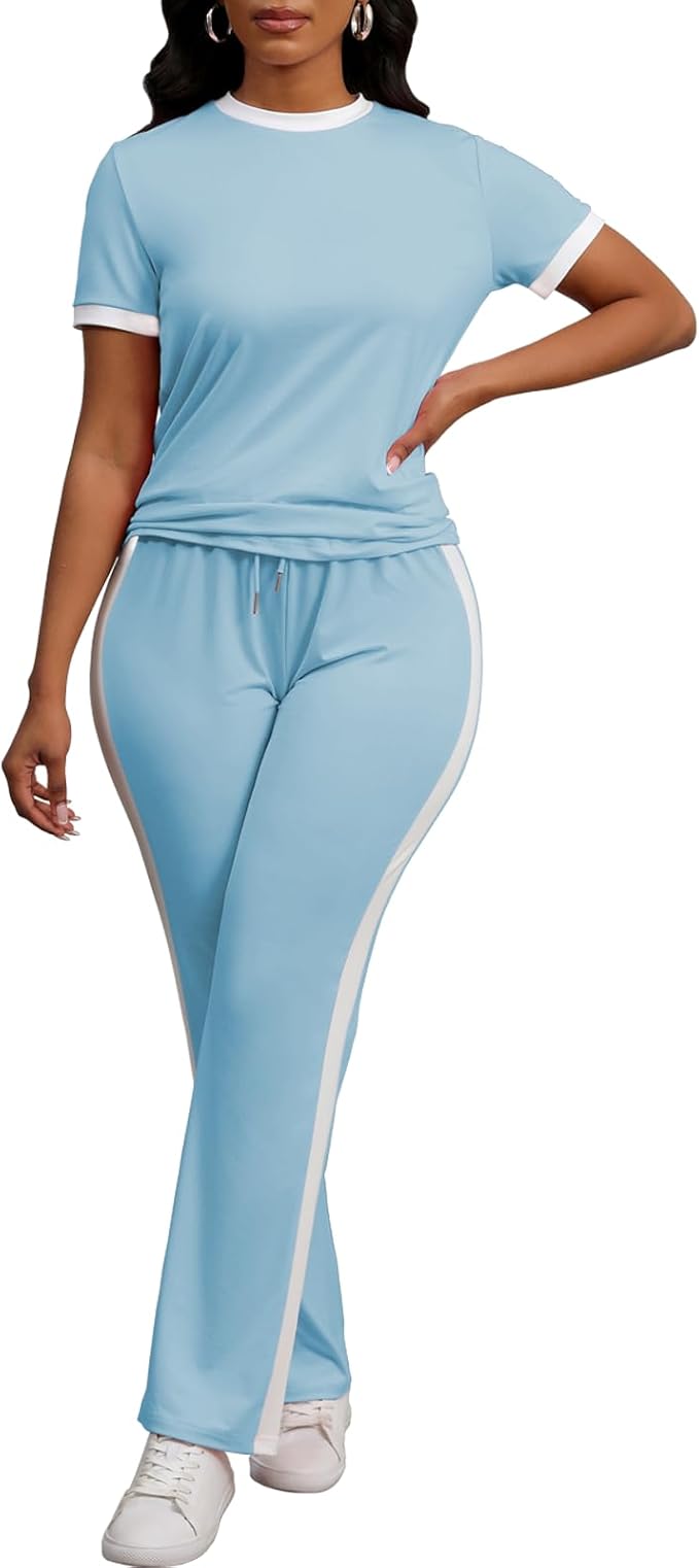PINSV Women's 2 Piece Outfits Short Sleeve Tops Sweatpants Colorblock Bodycon Lounge Sets Tracksuit