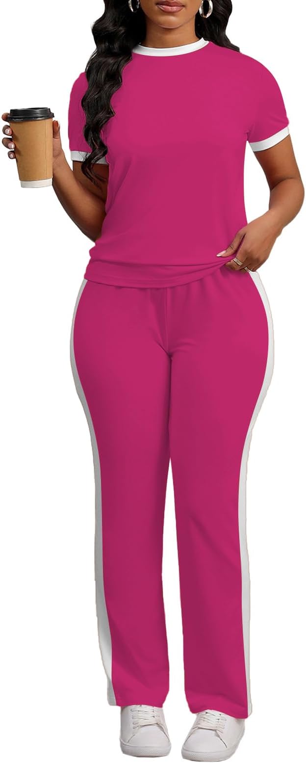 PINSV Women's 2 Piece Outfits Short Sleeve Tops Sweatpants Colorblock Bodycon Lounge Sets Tracksuit