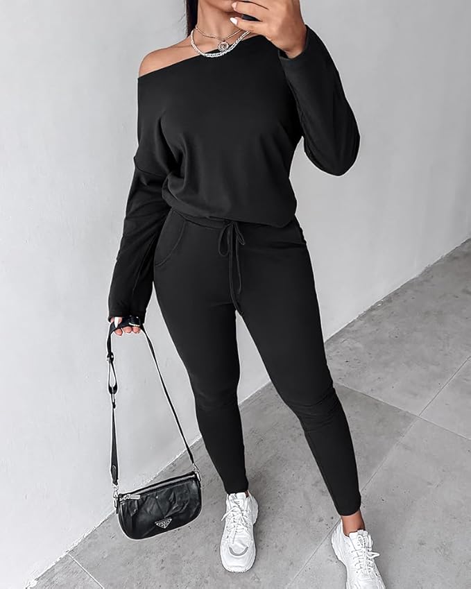 CHICME Women Tracksuit Fall 2 piece Outfits Off The Shoulder Long Sleeve Tops and Pants Set Travel Outfits