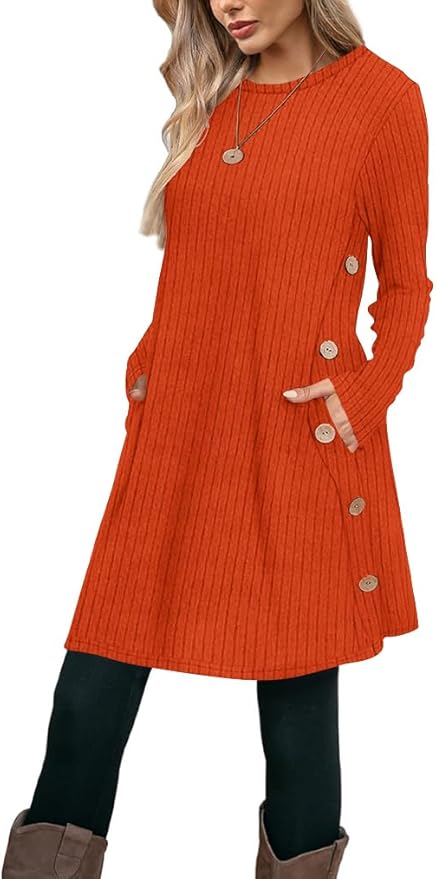 Poetsky Women Long Sleeve Tunic Tops to Wear with Leggings Side Buttons Long Shirts Rib Sweater Dress with Pockets S-3XL