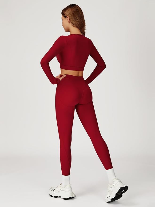 Women’s 2 Piece Workout Set Long Sleeve Crop Top & High Waist Leggings | Stretch Activewear for Gym & Yoga