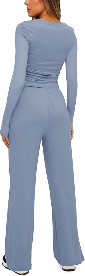 Darong Women's 2 Piece Outfits Lounge Sets 2026 Long Sleeve Tops Wide Leg Pants Casual Matching Set