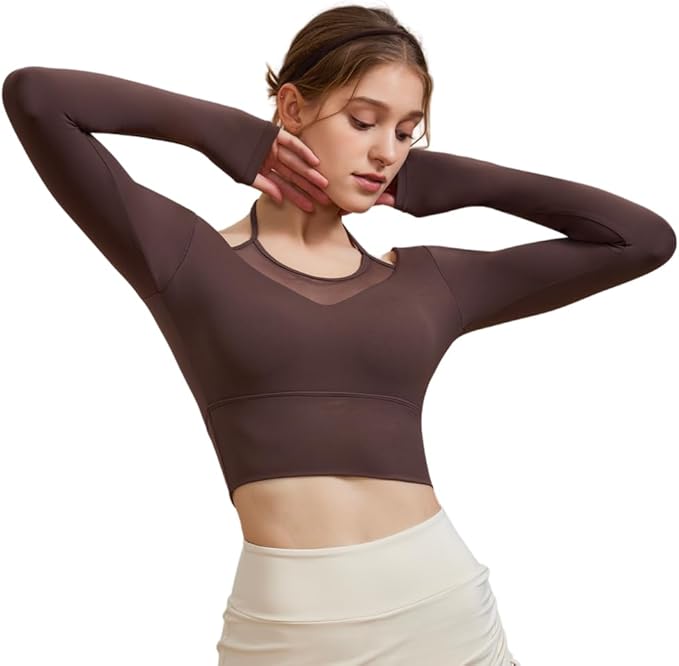 Harssidanzar Women's Yoga Workout Tops 2 in 1 Sports Bra for Gym Athletic Casual Long Sleeve CL312US