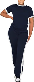 PINSV Women's 2 Piece Outfits Short Sleeve Tops Sweatpants Colorblock Bodycon Lounge Sets Tracksuit