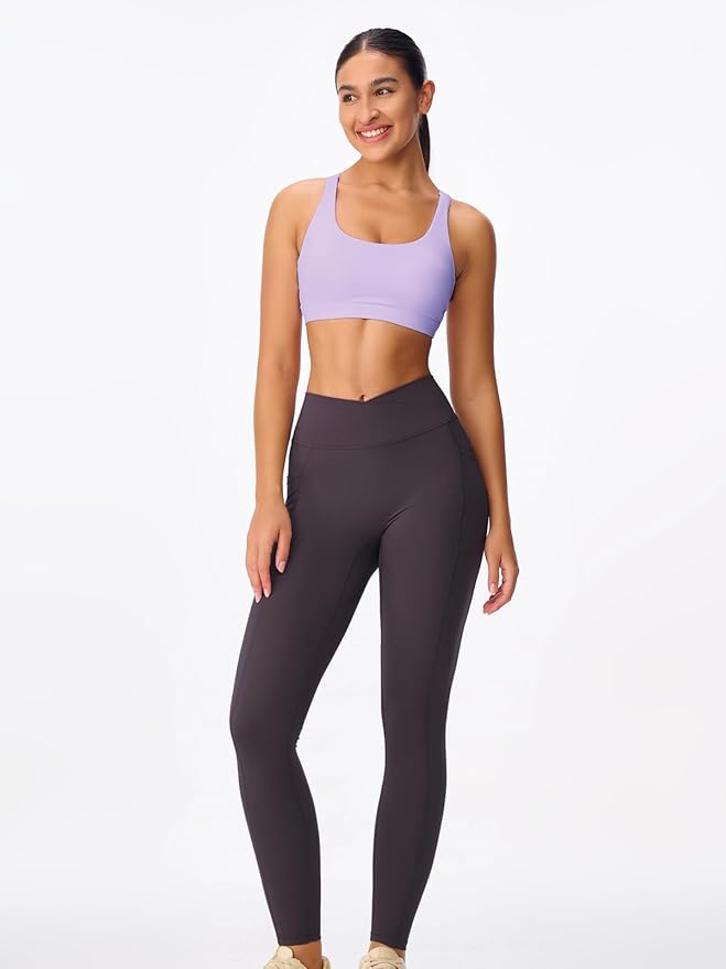 Women's Strappy Sports Bras Light Compression Crop Criss Cross Back Padded Workout Yoga Bra Supportive U Neckline