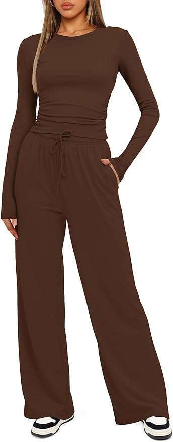 Darong Women's 2 Piece Outfits Lounge Sets 2026 Long Sleeve Tops Wide Leg Pants Casual Matching Set