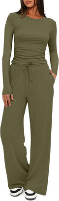 Darong Women's 2 Piece Outfits Lounge Sets 2026 Long Sleeve Tops Wide Leg Pants Casual Matching Set