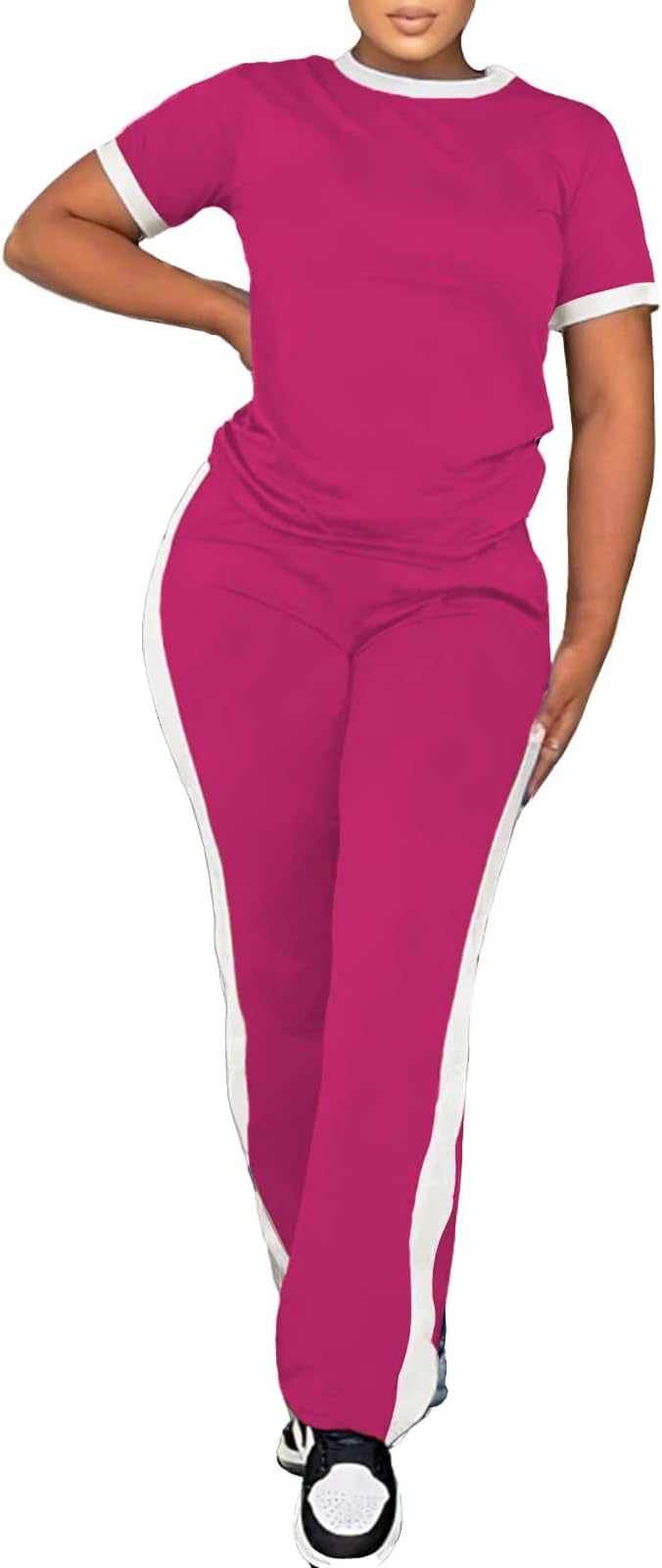 PINSV Women's 2 Piece Outfits Short Sleeve Tops Sweatpants Colorblock Bodycon Lounge Sets Tracksuit