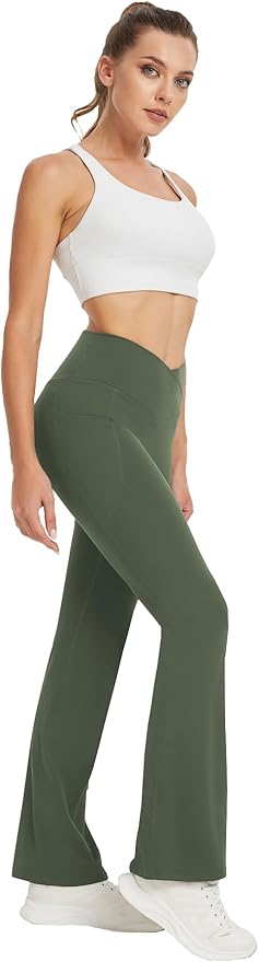 DLOODA Women's Yoga Pants with Pockets No Front Seam Crossover High Waisted Flare Leggings Tummy Control Bootcut Pants