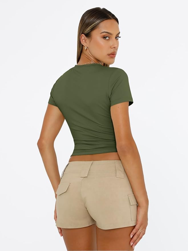 Trendy Queen Womens Short Sleeve T Shirts - Buttery Soft Summer Crop Tops Slim Fit Y2k Basic Tees for Workout
