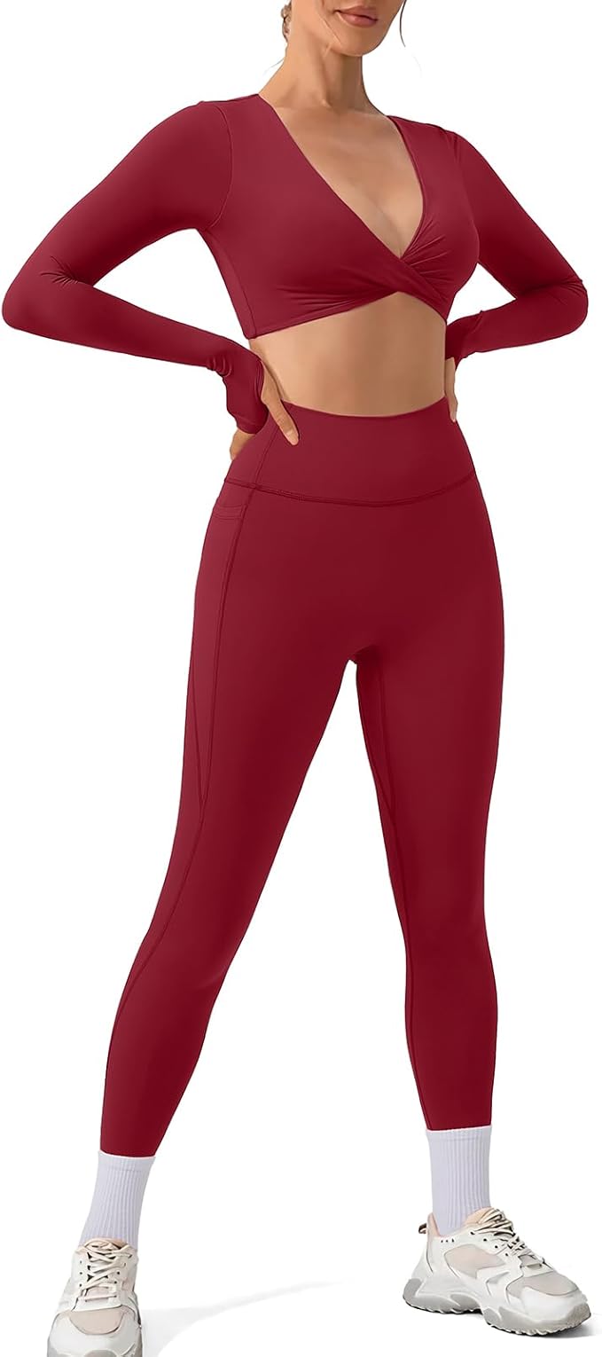 SUUKSESS Women 2 Piece Workout Sets Long Sleeve Twist Deep V Crop Padded Tops Yoga Leggings with Side Pockets