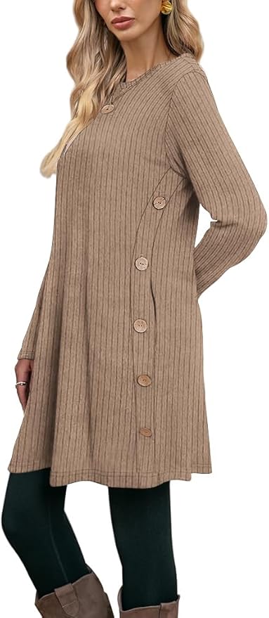 Poetsky Women Long Sleeve Tunic Tops to Wear with Leggings Side Buttons Long Shirts Rib Sweater Dress with Pockets S-3XL
