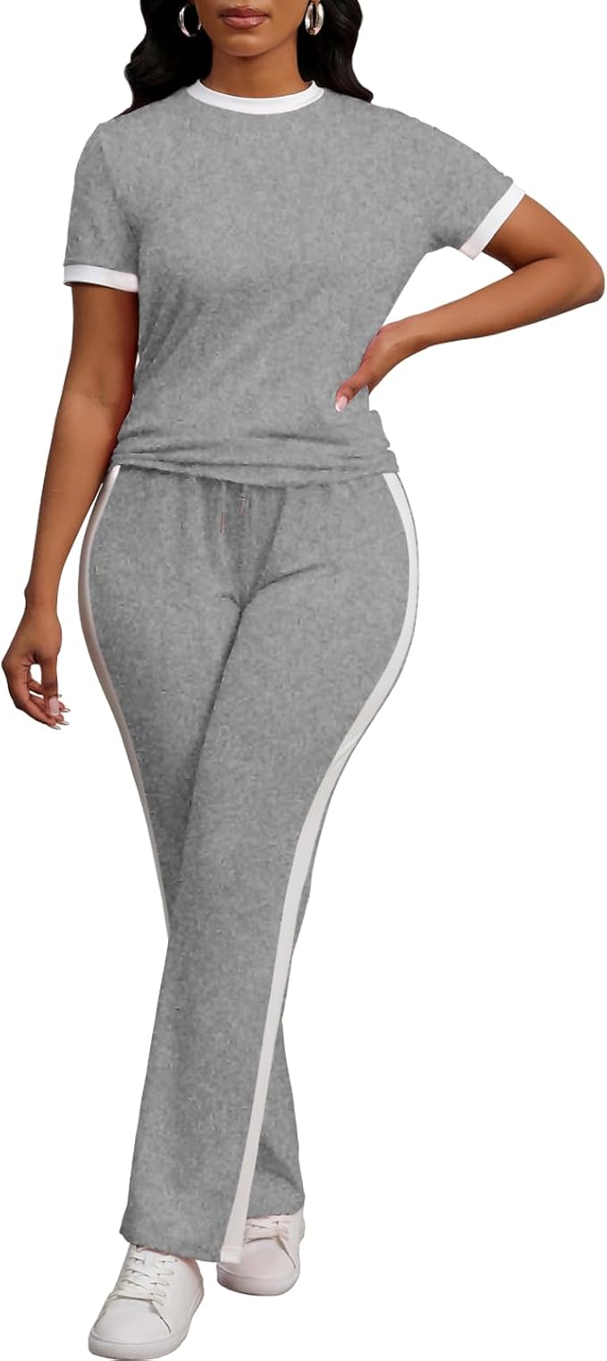 PINSV Women's 2 Piece Outfits Short Sleeve Tops Sweatpants Colorblock Bodycon Lounge Sets Tracksuit