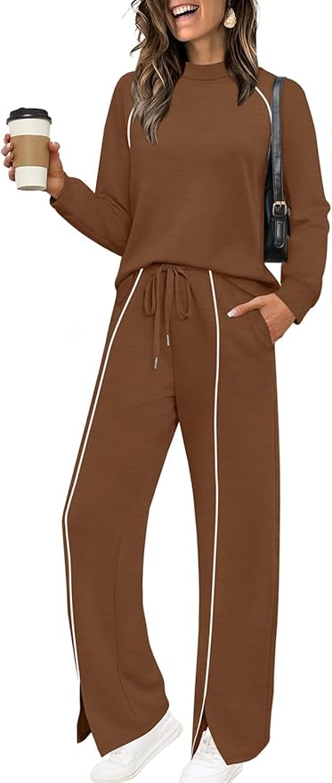 WIHOLL Lounge Sets for Women 2 Piece Fall Outfits 2025 Wide Leg Pant Matching Sets Womens Clothing