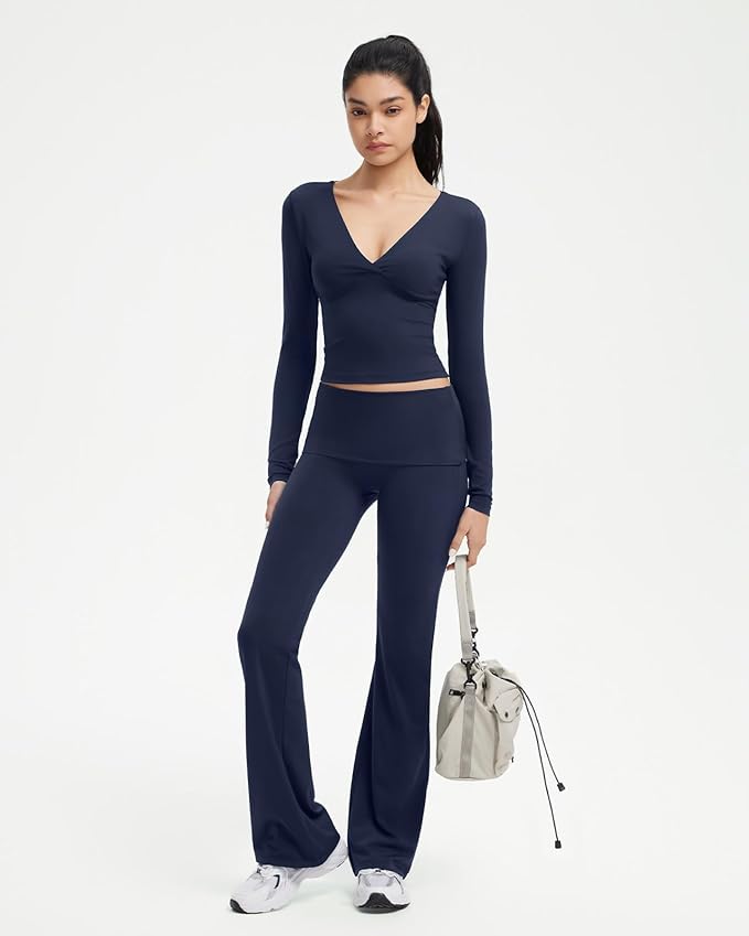 SUUKSESS Women 2 pieces Lounge Sets Long Sleeve V Neck Tops Fold Over Flare Leggings
