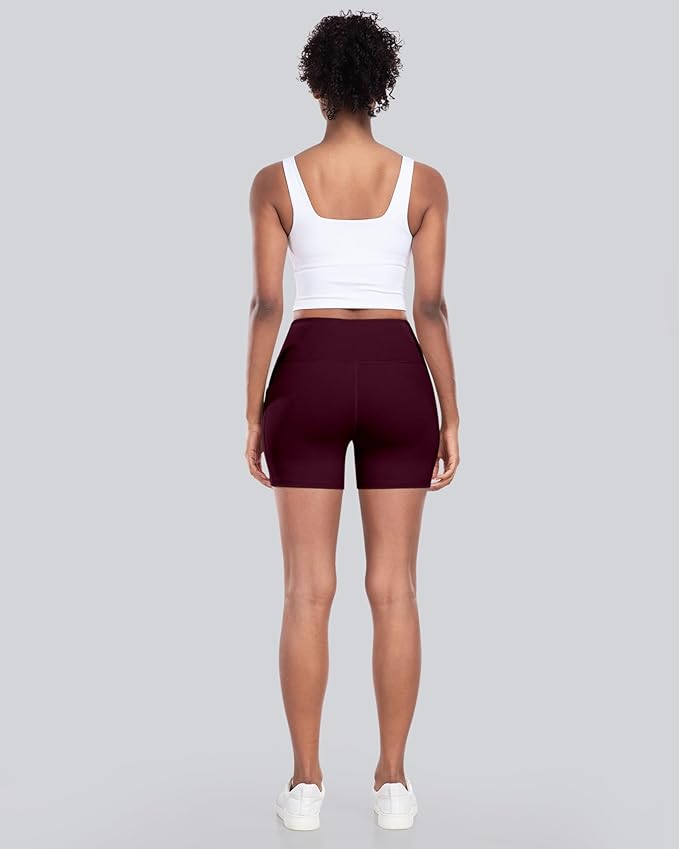 CHRLEISURE Womens Biker Yoga Shorts with Pocket, High Waisted Tummy Control 5 Inch Workout Spandex Athletic Gym Shorts