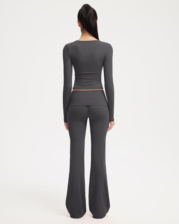 SUUKSESS Women 2 pieces Lounge Sets Long Sleeve V Neck Tops Fold Over Flare Leggings