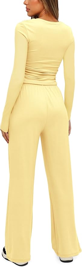 Darong Women's 2 Piece Outfits Lounge Sets 2026 Long Sleeve Tops Wide Leg Pants Casual Matching Set