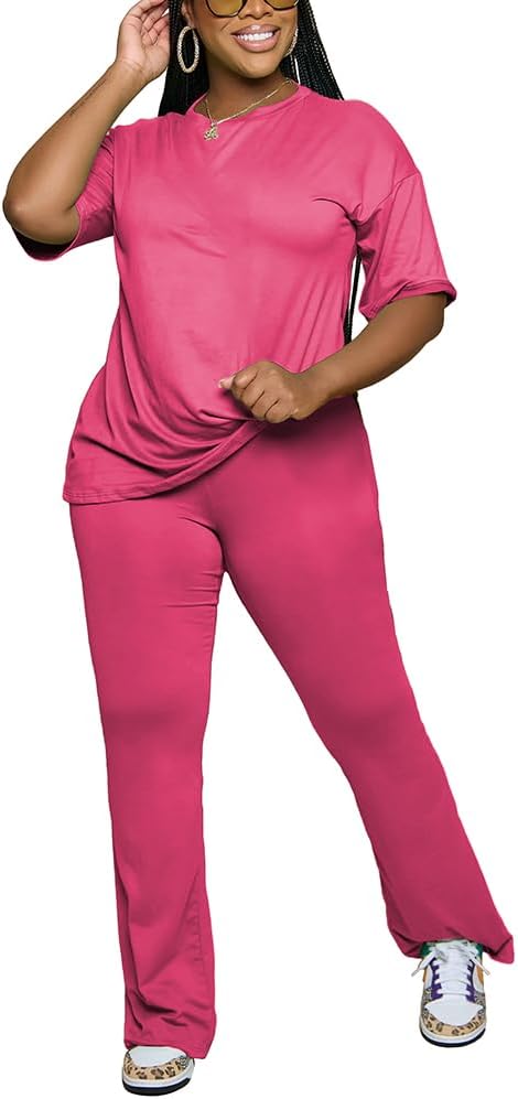 PINSV Women 2 Piece Outfits Short Sleeve Top and Flare Pants Lounge Sets Tracksuit