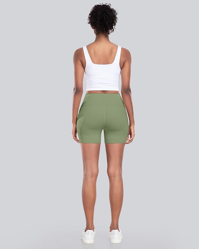 CHRLEISURE Womens Biker Yoga Shorts with Pocket, High Waisted Tummy Control 5 Inch Workout Spandex Athletic Gym Shorts