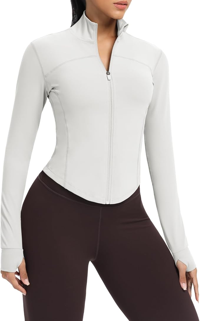 AVGO Women's Cropped Running Workout Jackets Zip Slim Fit Athletic Tops with Thumb Holes