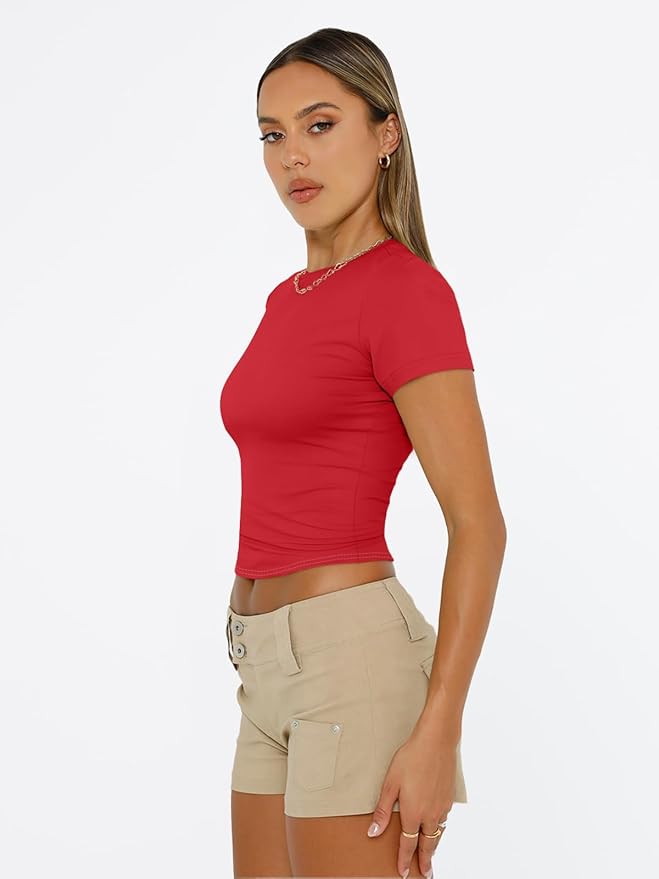 Trendy Queen Womens Short Sleeve T Shirts - Buttery Soft Summer Crop Tops Slim Fit Y2k Basic Tees for Workout