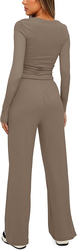Darong Women's 2 Piece Outfits Lounge Sets 2026 Long Sleeve Tops Wide Leg Pants Casual Matching Set