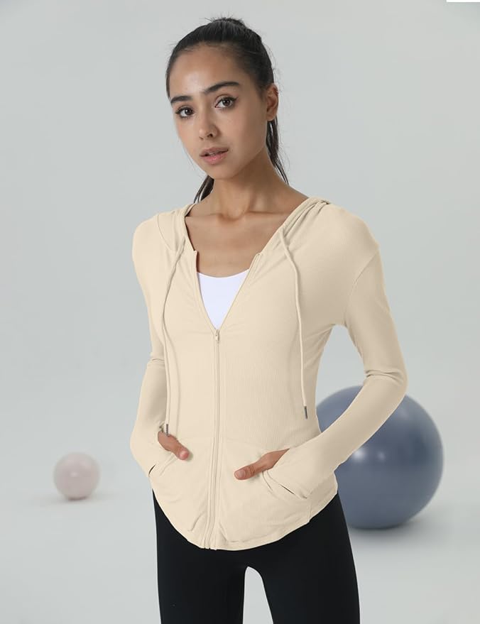 Locachy Womens Slim Fit Full Zip Hoodie Athletic Jacket Yoga Workout Running Jackets with Thumb Holes