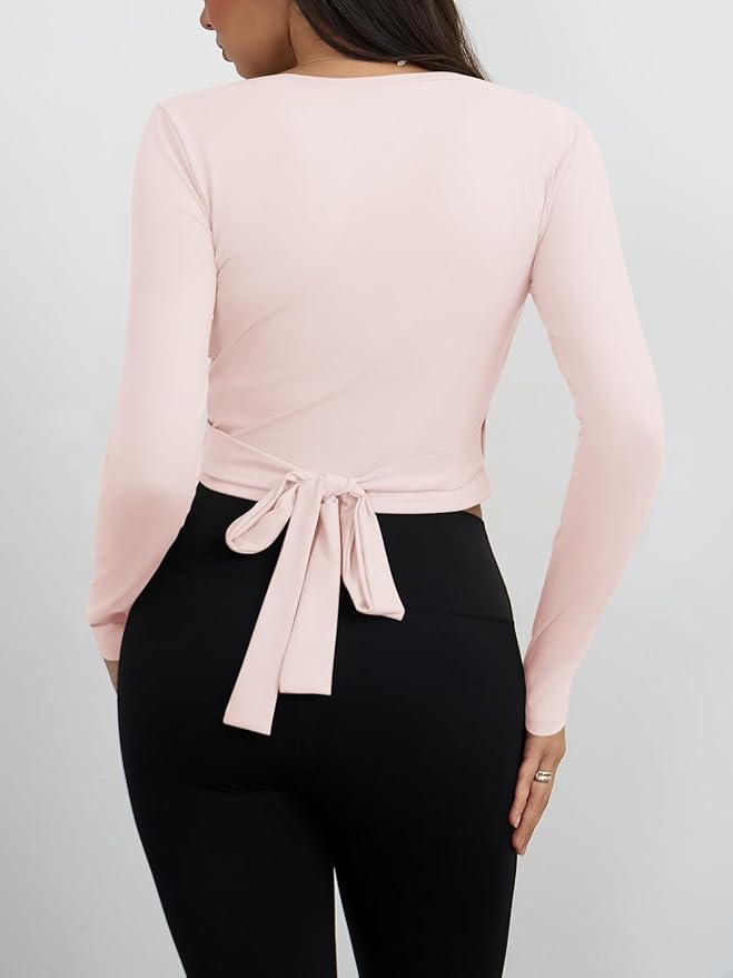 Yousify Womens Wrap Tie Tops Y2k Long Sleeve Ballet Pilates Yoga Workout Wrap Shirts Deep V Neck Casual Tops