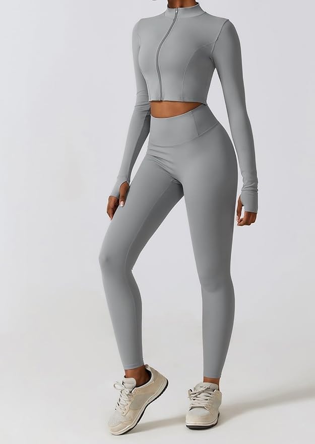 Yknktstc Womens Full Zip Athletic Jacket with Thumbhole Long Sleeve Crop Top Running Workout Yoga Sportswear Shirt
