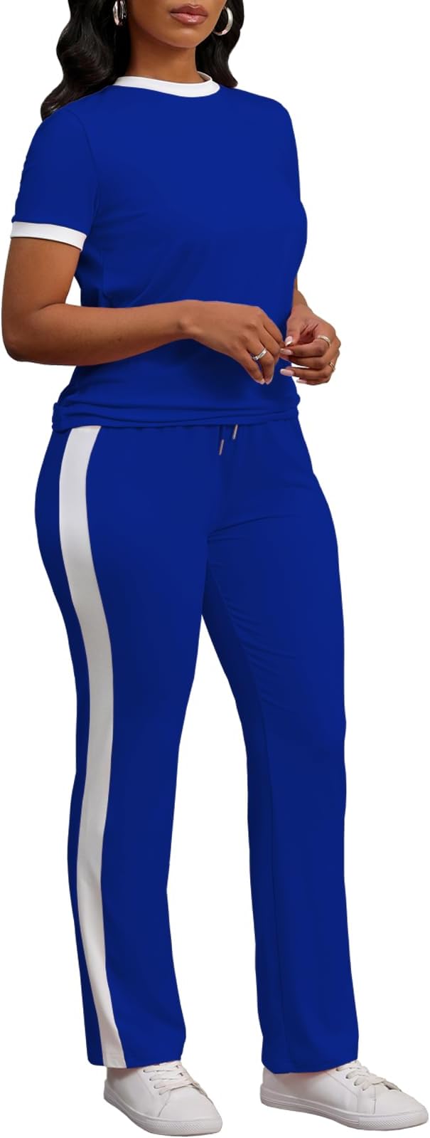 PINSV Women's 2 Piece Outfits Short Sleeve Tops Sweatpants Colorblock Bodycon Lounge Sets Tracksuit