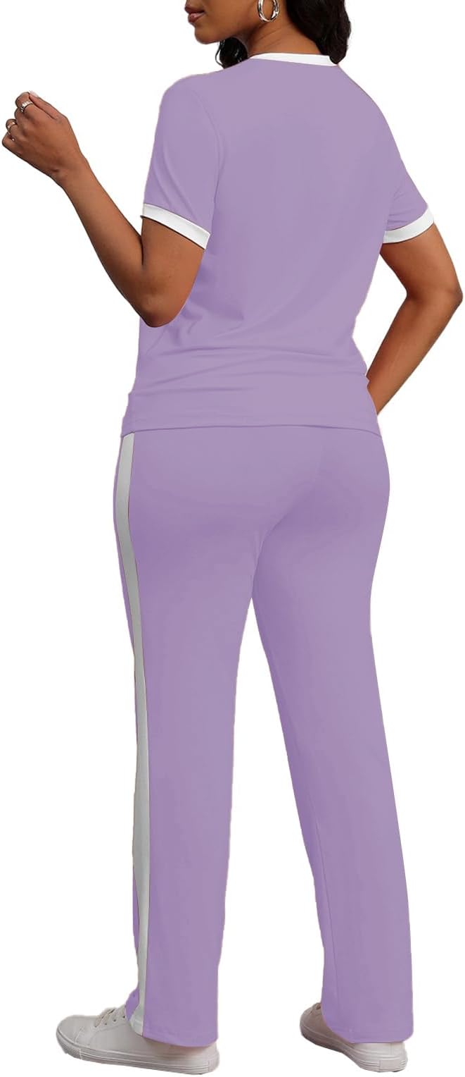 PINSV Women's 2 Piece Outfits Short Sleeve Tops Sweatpants Colorblock Bodycon Lounge Sets Tracksuit