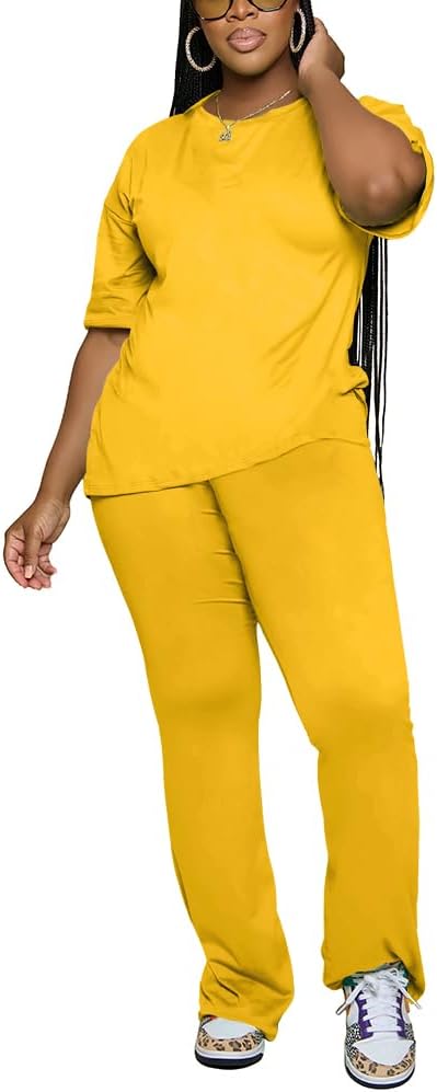 PINSV Women 2 Piece Outfits Short Sleeve Top and Flare Pants Lounge Sets Tracksuit
