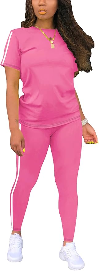 Women's 2 Piece Outfits Sweatsuit Summer Workout Striped Short Sleeve Long Sweatpants Casual Jogging Lounge Set