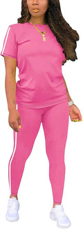 Women's 2 Piece Outfits Sweatsuit Summer Workout Striped Short Sleeve Long Sweatpants Casual Jogging Lounge Set