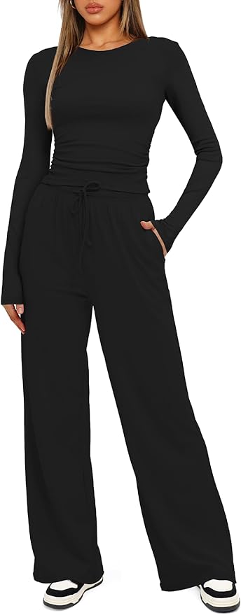 Darong Women's 2 Piece Outfits Lounge Sets 2026 Long Sleeve Tops Wide Leg Pants Casual Matching Set