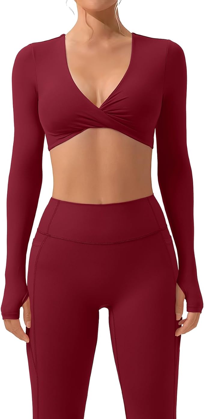 SUUKSESS Women 2 Piece Workout Sets Long Sleeve Twist Deep V Crop Padded Tops Yoga Leggings with Side Pockets