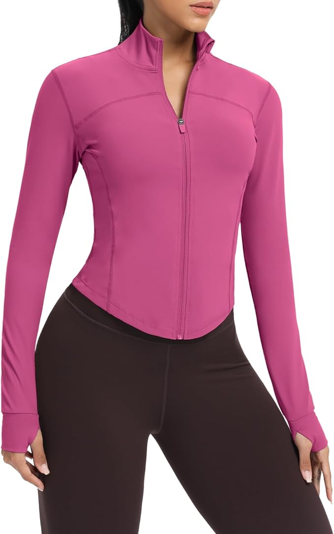 AVGO Women's Cropped Running Workout Jackets Zip Slim Fit Athletic Tops with Thumb Holes